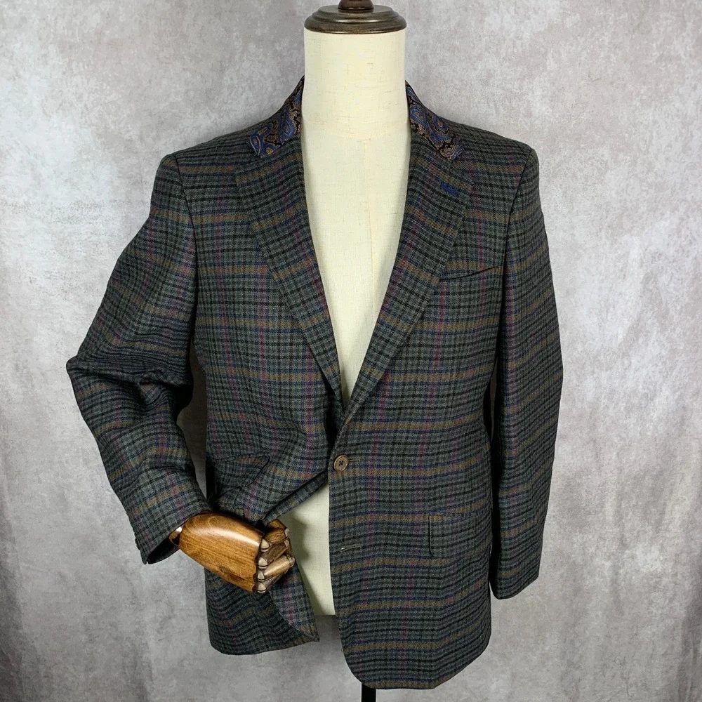 Robert Graham Blazer Jacket Men 40 Classic Check Windowpane Paisley Sport Coat